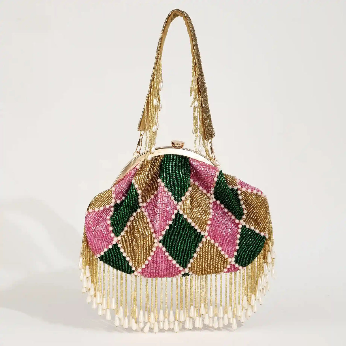 Tan Clan Bliss Batua bag with detachable handle, featuring traditional woven design and compact, stylish craftsmanship.