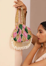 Bliss Batua Bag by The Tan Clan featuring a detachable handle and traditional woven design in natural colors.