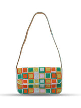 Blossom Blocks Baguette Bag with Handle by The Tan Clan, stylish woven bag with floral pattern and sturdy handle.