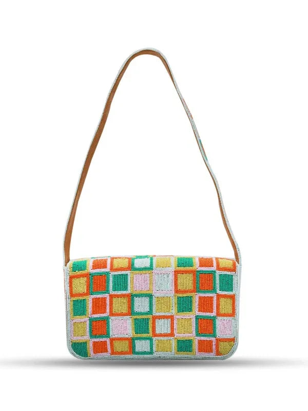 Blossom Blocks Baguette Bag with Handle by The Tan Clan, colorful woven bag with floral design and sturdy handle for casual style.