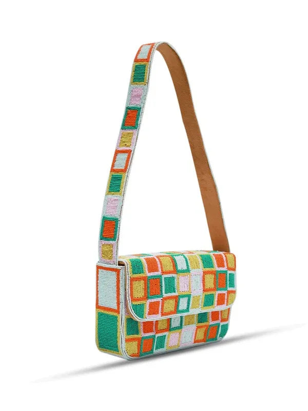 Blossom Blocks Baguette Bag with Handle by The Tan Clan, stylish woven handbag with floral pattern and top handle.