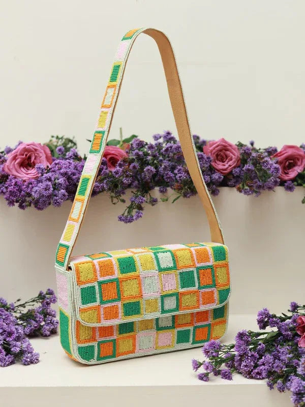Blossom Blocks Baguette Bag with Handle by The Tan Clan, featuring a stylish design and comfortable shoulder strap.