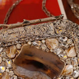 Burj embellished agate stone clutch by The Tan Clan featuring a polished agate surface and elegant design.