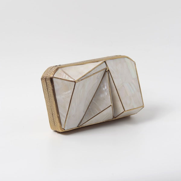 Bushra 3D Mother of Pearl Clutch by The Tan Clan with intricate pearl detailing and elegant design.