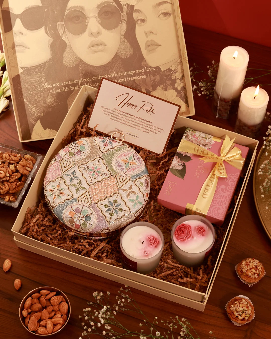 Celebrate Her Hamper Mughal by The Tan Clan, featuring a beautifully crafted gift set with elegant packaging and luxurious items.