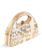 Coral Arc beige clutch bag by The Tan Clan with a sleek design and gold accent, perfect for stylish evening accessories.