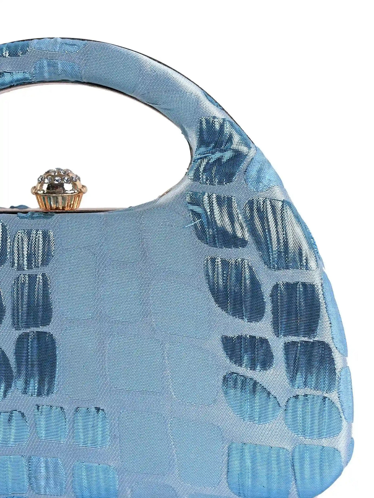 Coral Arc Blue Clutch by The Tan Clan featuring a sleek design and vibrant coral color, perfect for stylish evening accessories.