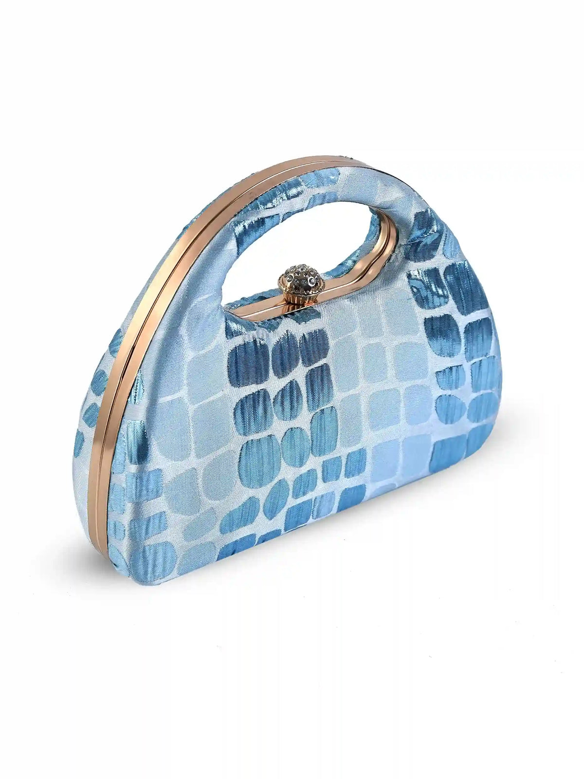 Coral Arc Blue Clutch by The Tan Clan featuring a sleek design with a curved shape and vibrant coral color.