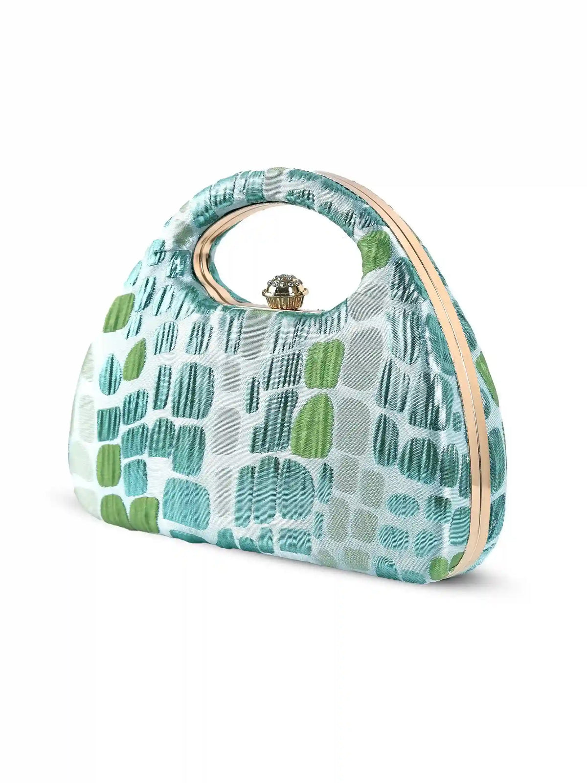 Coral Arc Green Clutch by The Tan Clan featuring a sleek design and vibrant coral color for stylish accessories.