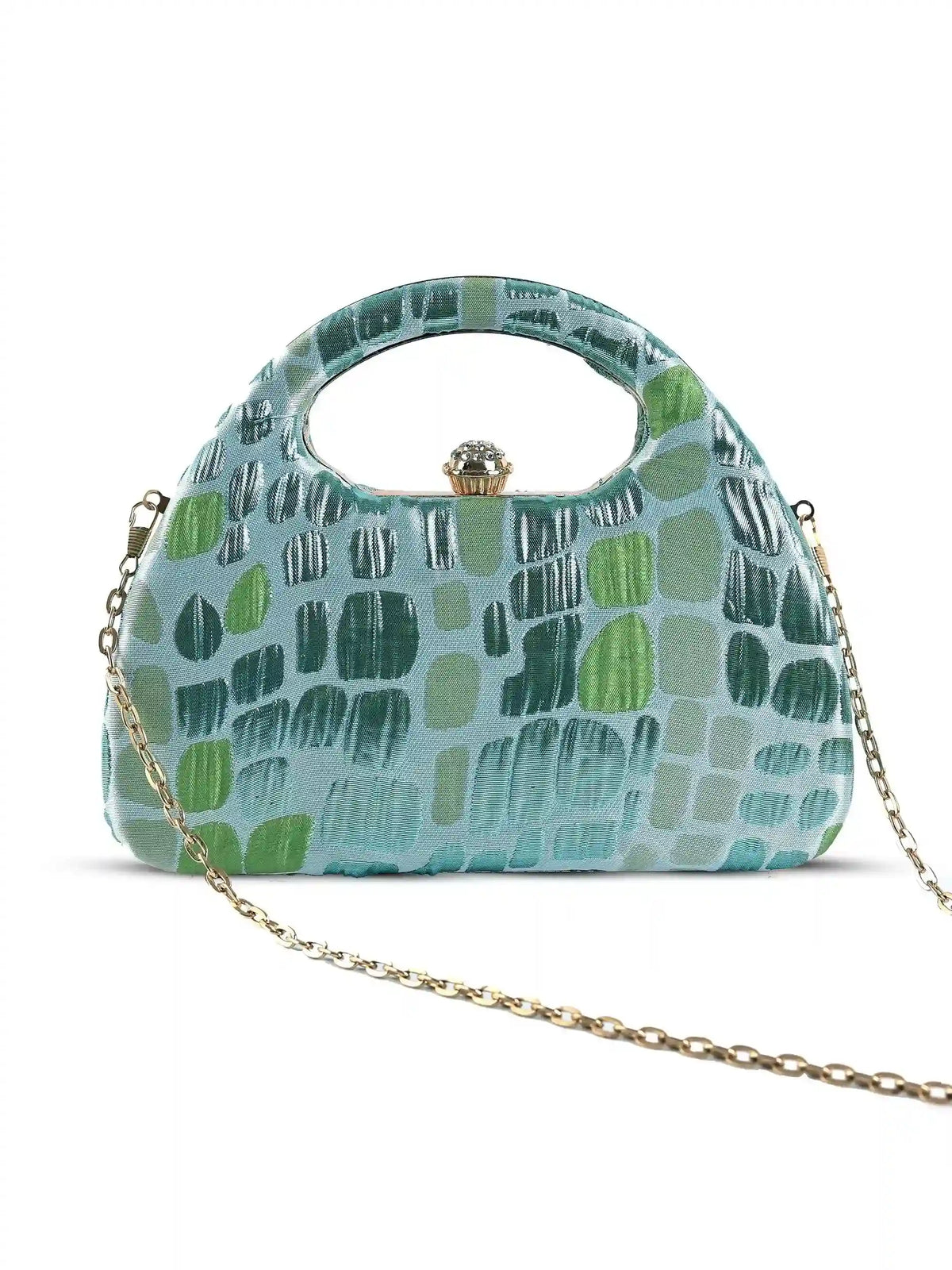 Coral Arc Green Clutch by The Tan Clan, stylish rectangular clutch with a vibrant coral and green color scheme, textured surface.
