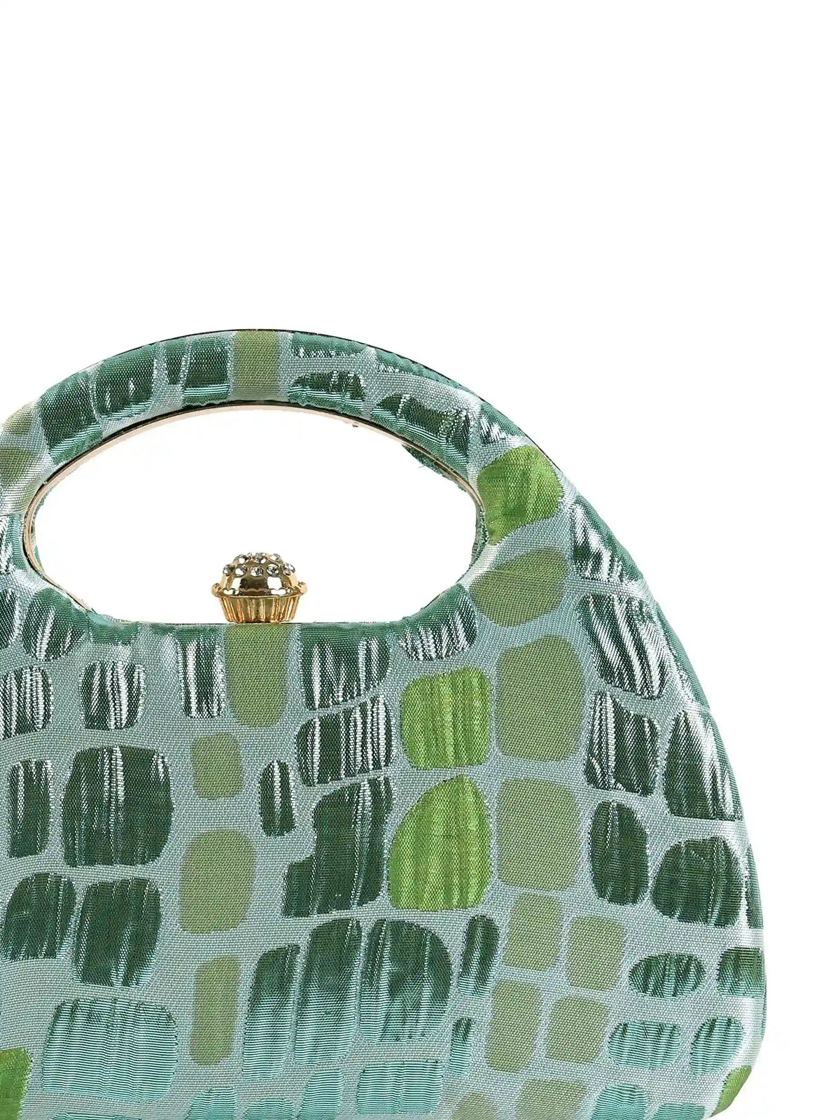 Coral Arc Green Clutch by The Tan Clan showing a stylish, curved design with a smooth finish and compact size.