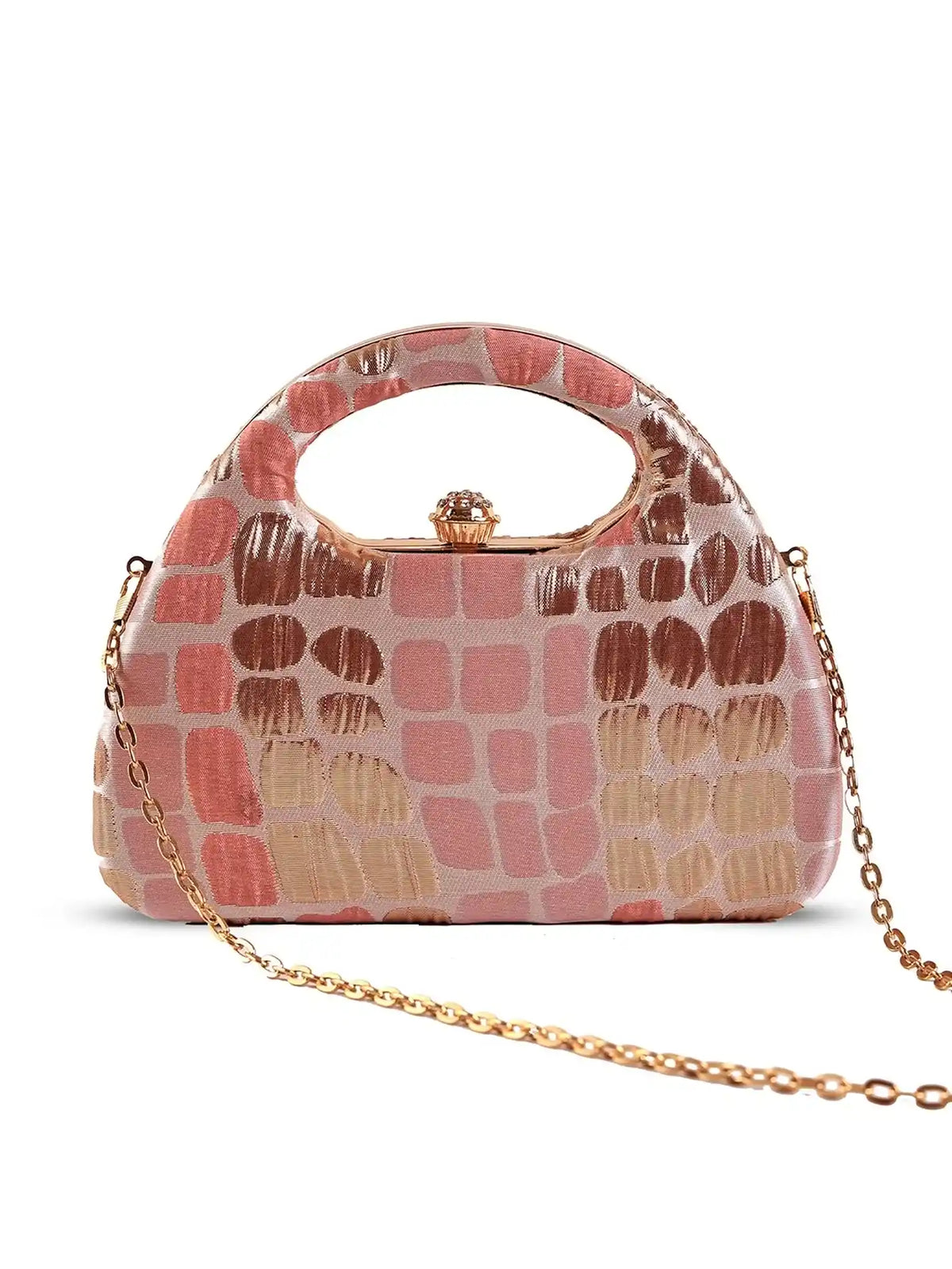 Coral Arc Peach Clutch by The Tan Clan featuring a stylish curved design and elegant finish, perfect for evening or special occasions.