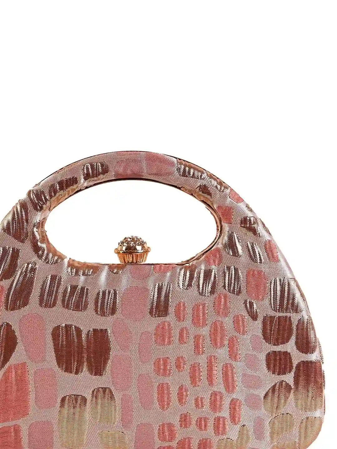 Coral Arc Peach Clutch by The Tan Clan featuring a sleek, curved design with a textured finish and gold-tone clasp.