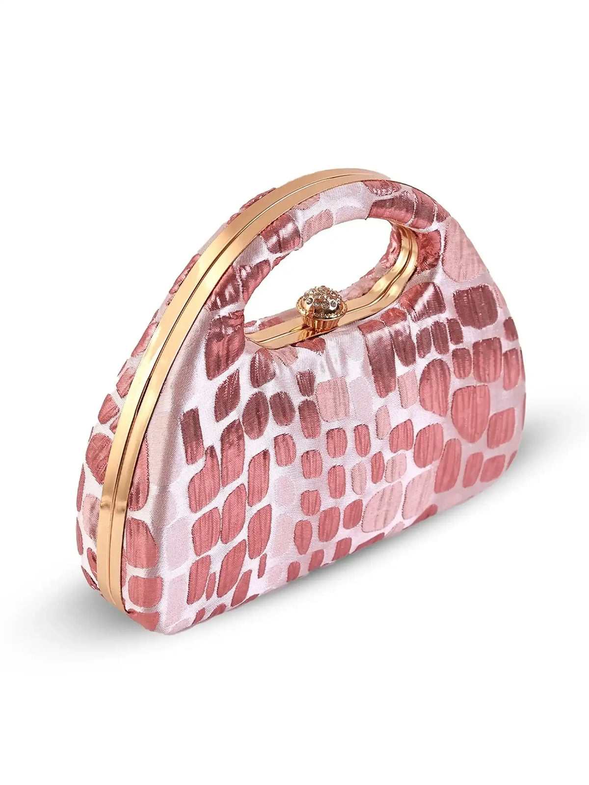 Coral Arc Pink Clutch by The Tan Clan featuring a sleek, curved design and vibrant pink color, perfect for stylish accessories.