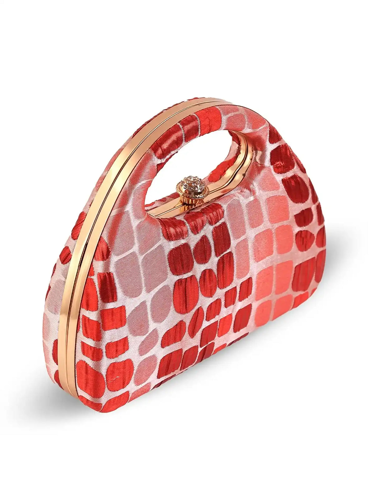 Red Coral Arc clutch bag by The Tan Clan featuring a stylish curved design and compact size for elegant occasions.