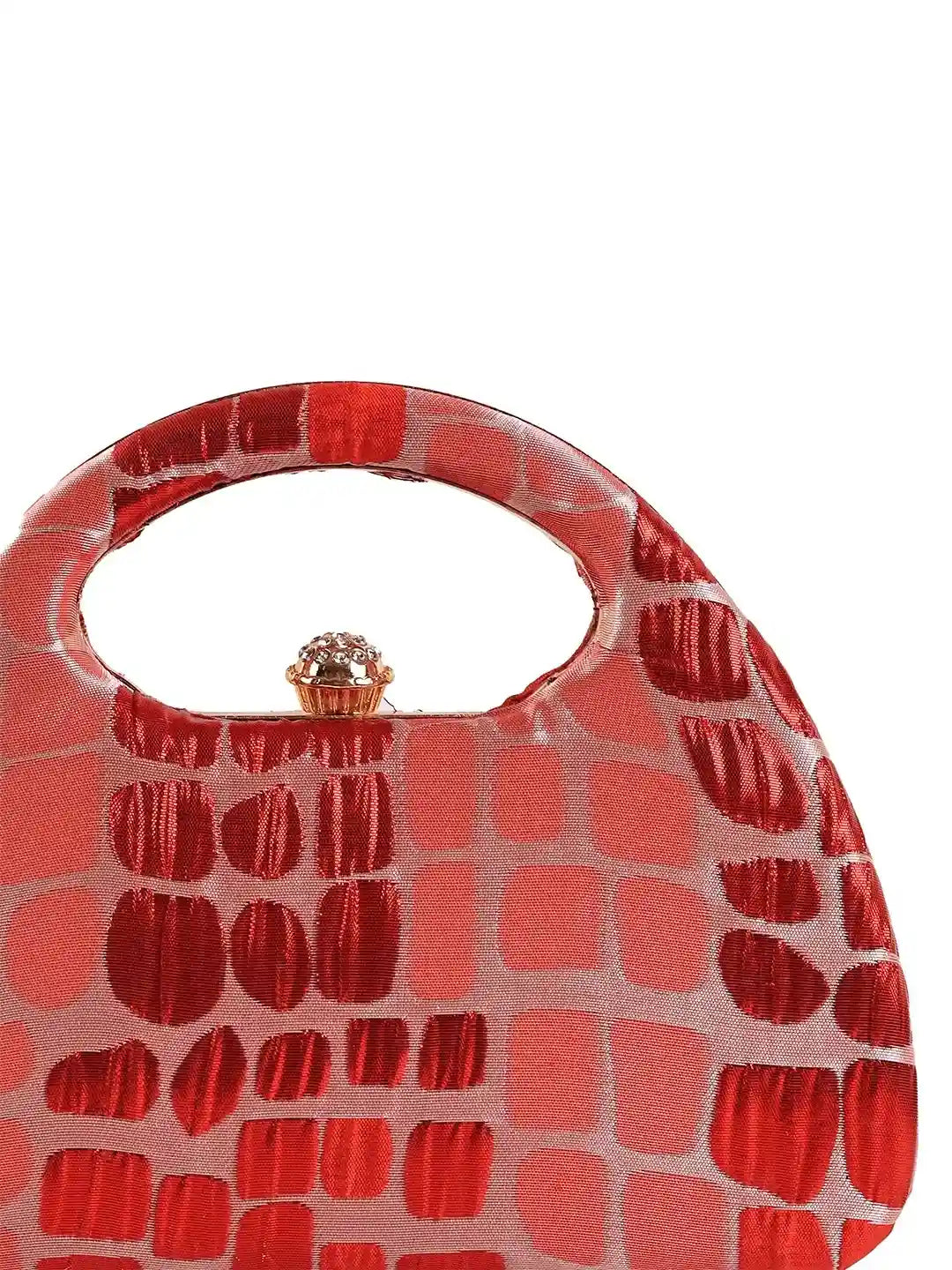Coral Arc Red Clutch by The Tan Clan, stylish small handbag with curved design and gold clasp for evening or casual wear.