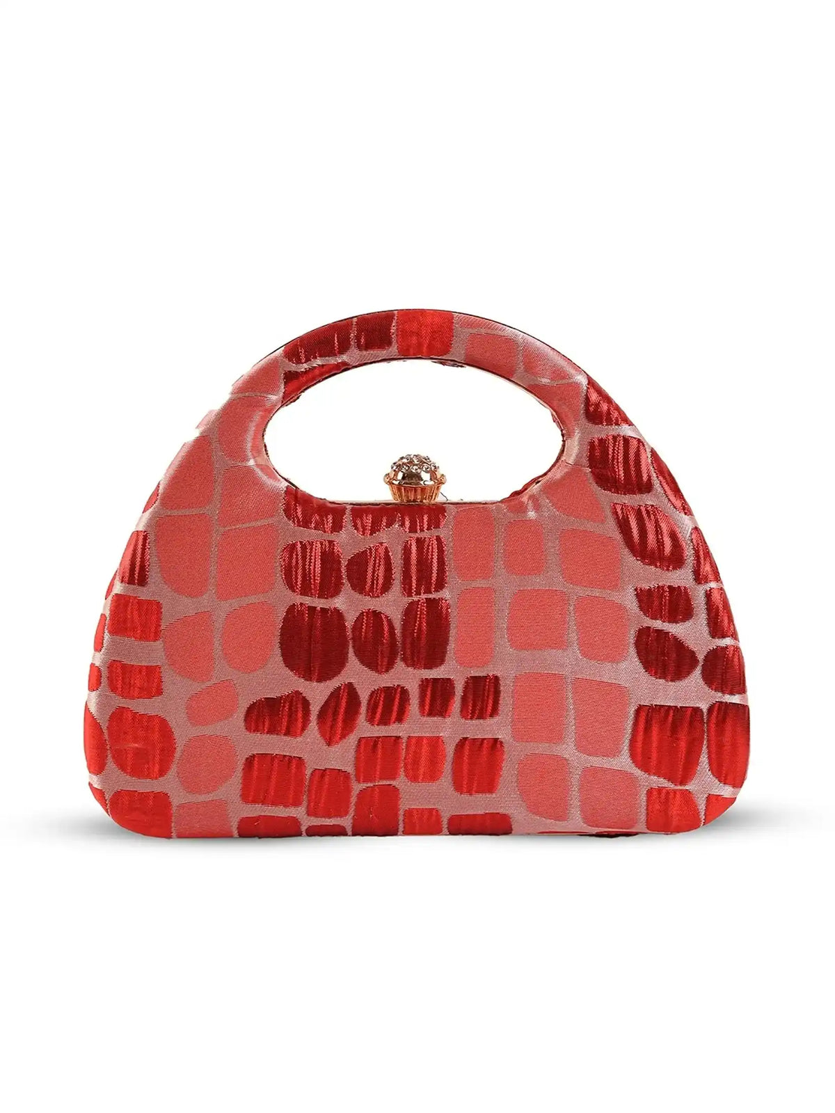 Coral Arc Red Clutch by The Tan Clan with sleek design and gold-tone clasp, perfect for evening or special occasions.
