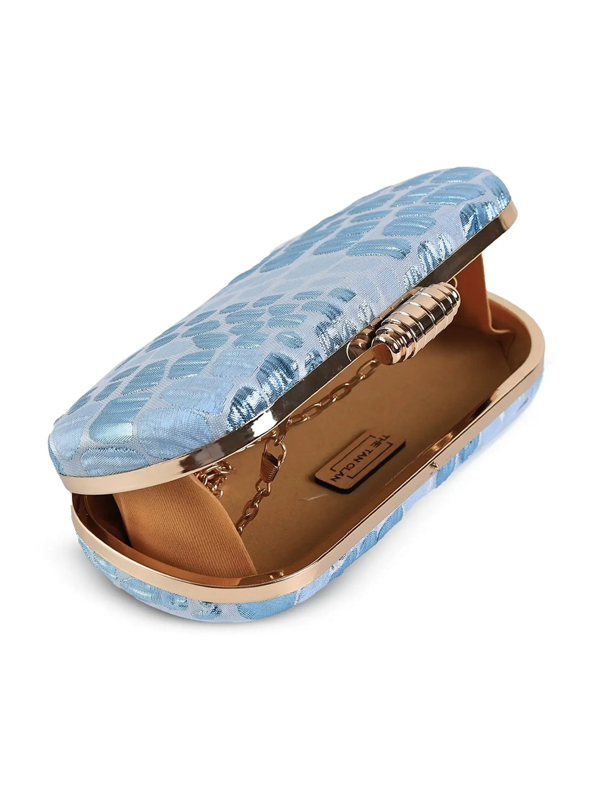 Coral long blue clutch by The Tan Clan featuring a sleek design and vibrant color, perfect for elegant occasions.