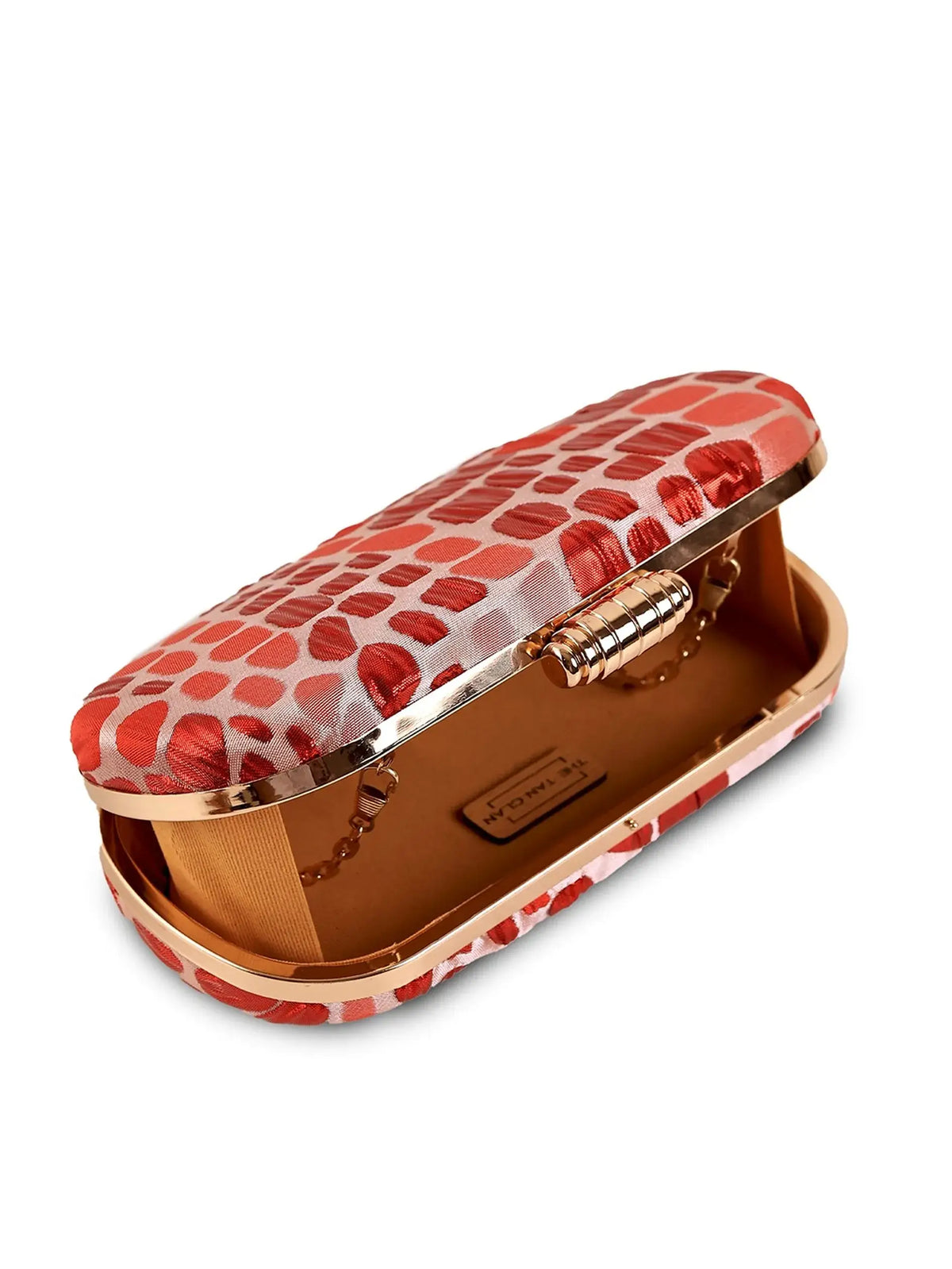 Red coral long clutch purse by The Tan Clan, featuring a sleek design and elegant style for evening or special occasions.