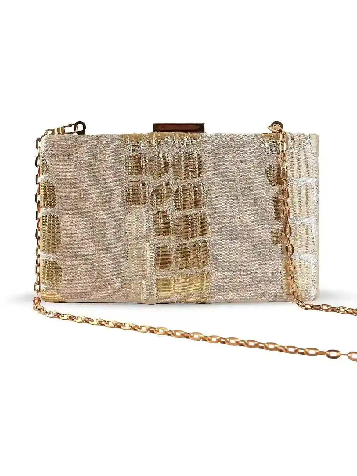 Coral Sleek Beige Clutch by The Tan Clan with gold-tone clasp and elegant design, perfect for evening or formal occasions.