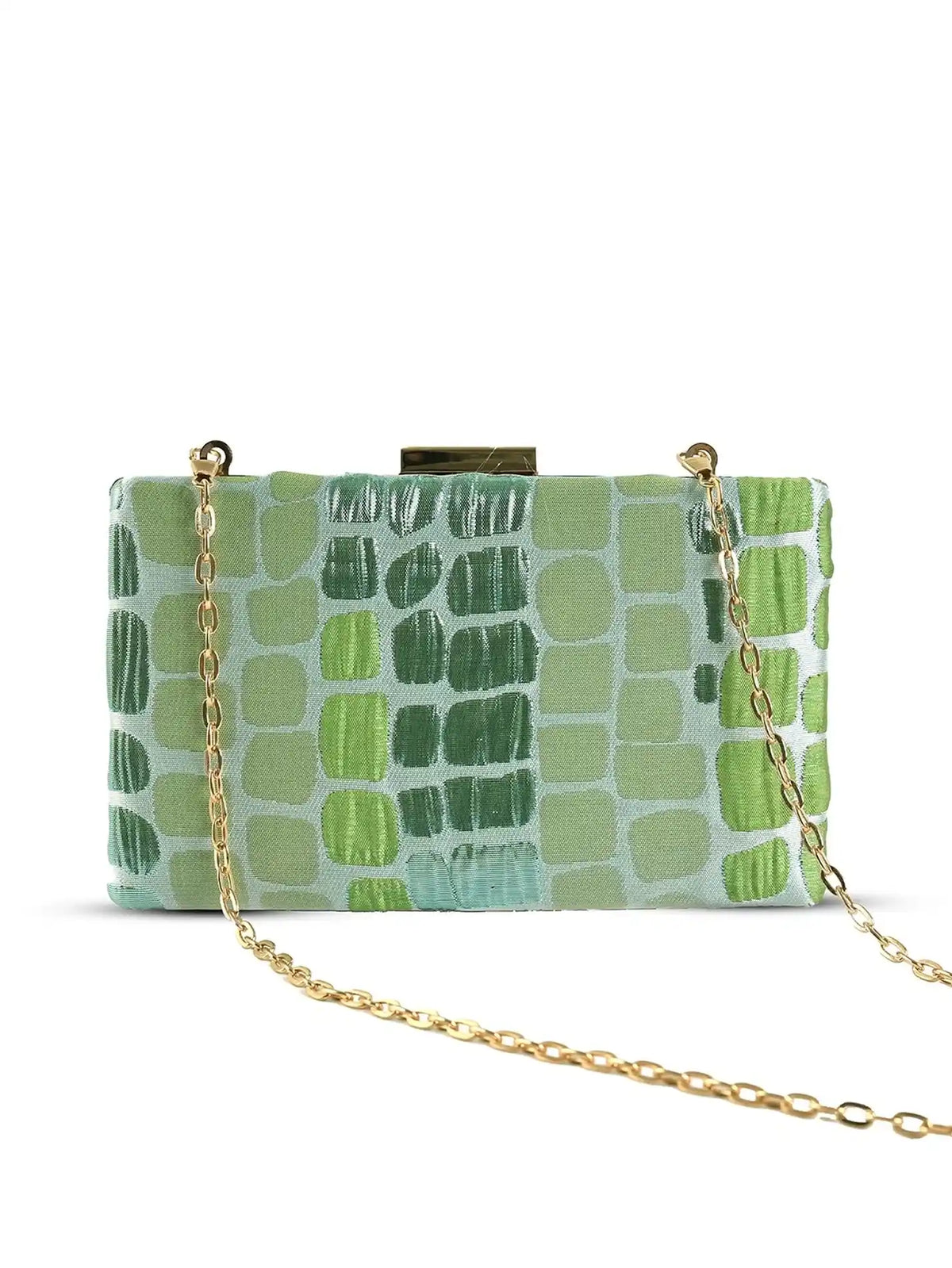 Coral sleek green clutch by The Tan Clan, featuring a stylish design with a smooth texture and compact size.