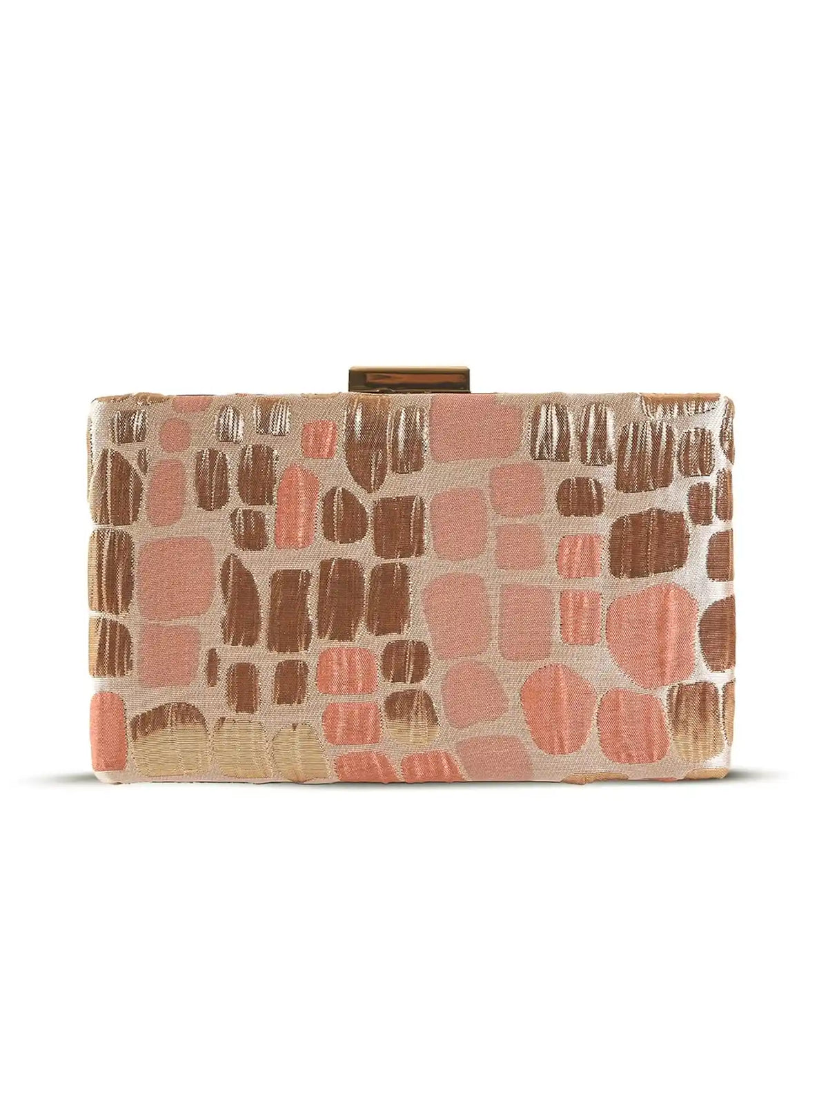 Coral Sleek Peach Clutch from The Tan Clan featuring a smooth, compact design with a gold clasp and subtle texture.
