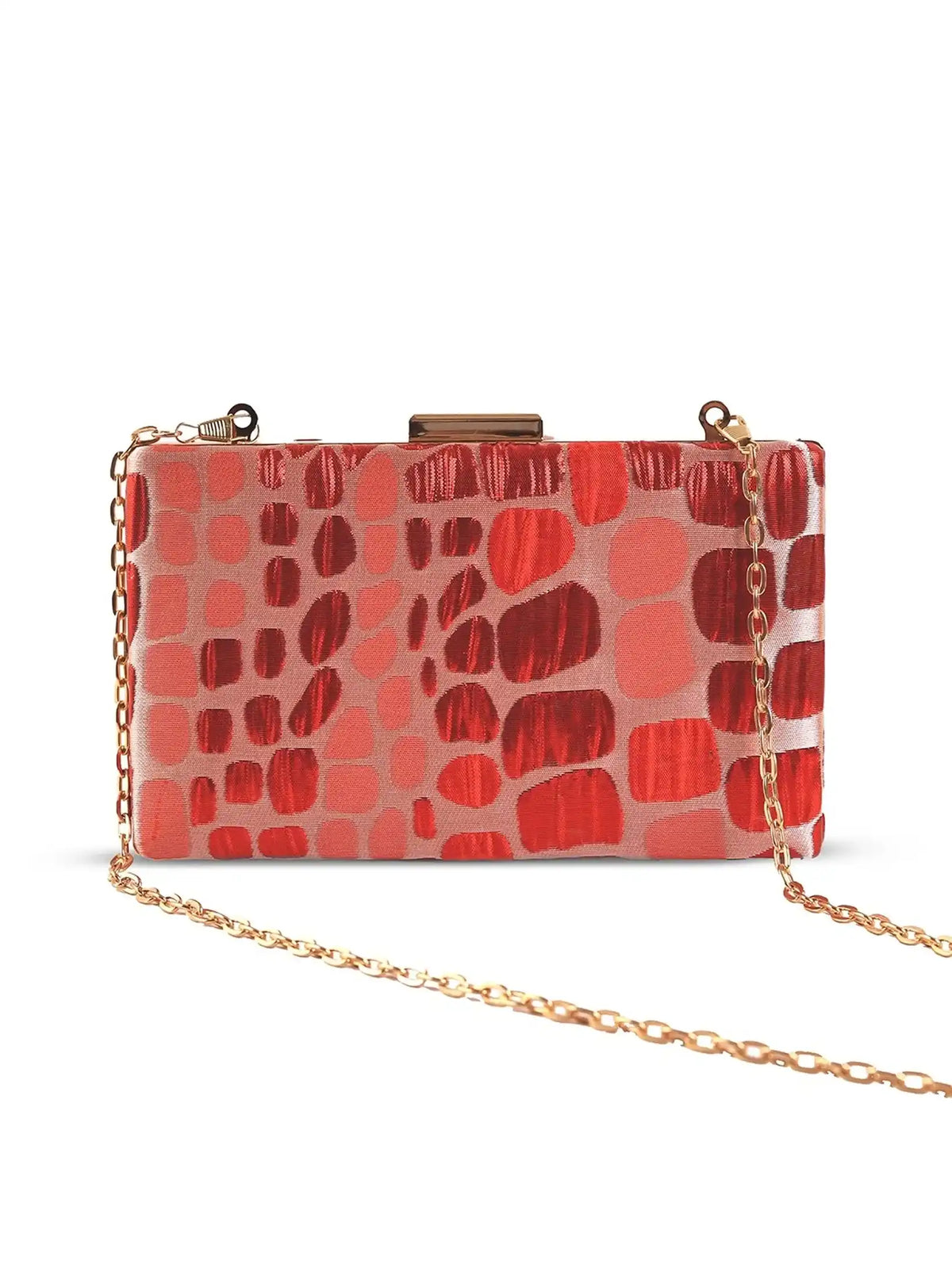 Coral Sleek Red Clutch by The Tan Clan featuring a smooth finish and compact design, perfect for evening occasions.