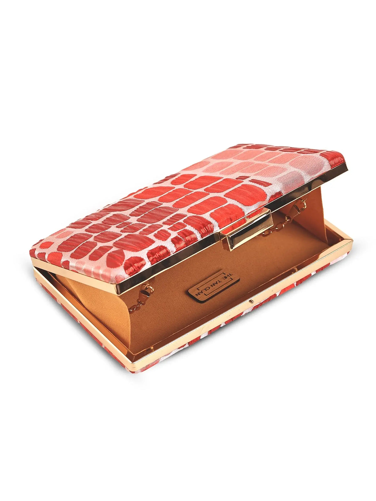 Coral sleek red clutch bag by The Tan Clan with a smooth finish and compact design, perfect for evening accessories.