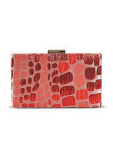 Coral sleek red clutch by The Tan Clan with a smooth finish, compact design, and gold-tone clasp for elegant evening wear.