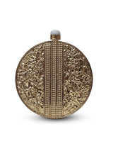 Crescent-shaped round mother of pearl clutch bag with iridescent finish by The Tan Clan, featuring a sleek design and elegant closure.