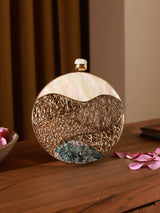 Crescent-shaped Mother of Pearl clutch bag by The Tan Clan with a shimmering iridescent finish and rounded design.