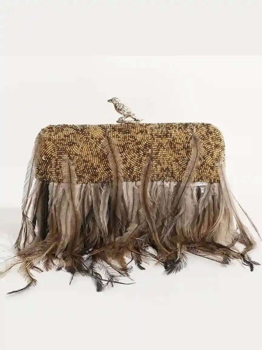 Daina Dark Gold Hand Embroidered Feather Clutch by The Tan Clan featuring intricate gold embroidery and feather details.