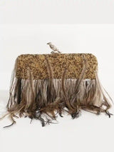 Daina Dark Gold Hand Embroidered Feather Clutch by The Tan Clan featuring intricate gold embroidery and feather details.