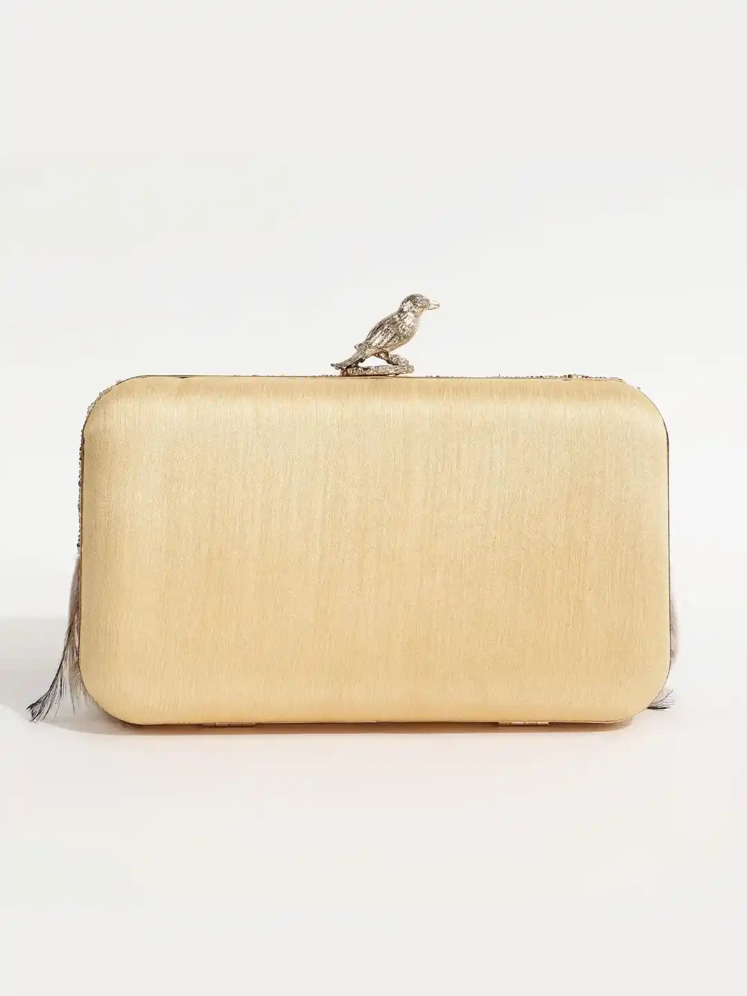 Dark gold hand-embroidered feather clutch by The Tan Clan featuring intricate embroidery and elegant design.