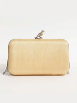 Dark gold hand-embroidered feather clutch by The Tan Clan featuring intricate embroidery and elegant design.