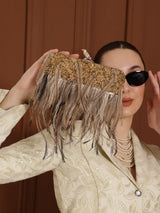 Daina Dark Gold Hand Embroidered Feather Clutch by The Tan Clan featuring intricate embroidery and feather details.
