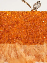 Daina Peach hand-embroidered feather clutch by The Tan Clan, featuring intricate embroidery and a sleek design.