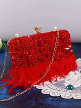 Red hand-embroidered feather clutch by The Tan Clan, featuring intricate embroidery and a stylish, compact design.