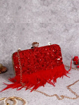 Red feather embroidered clutch by The Tan Clan featuring handcrafted hand embroidery and a sleek, elegant design.