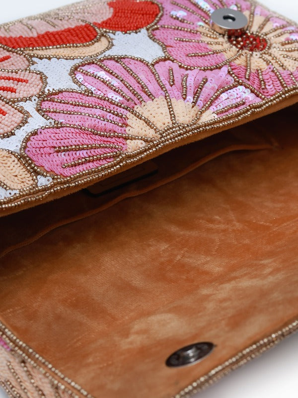 Daisy floral baguette bag with handle by The Tan Clan, featuring vibrant daisy print and a sleek, compact design.