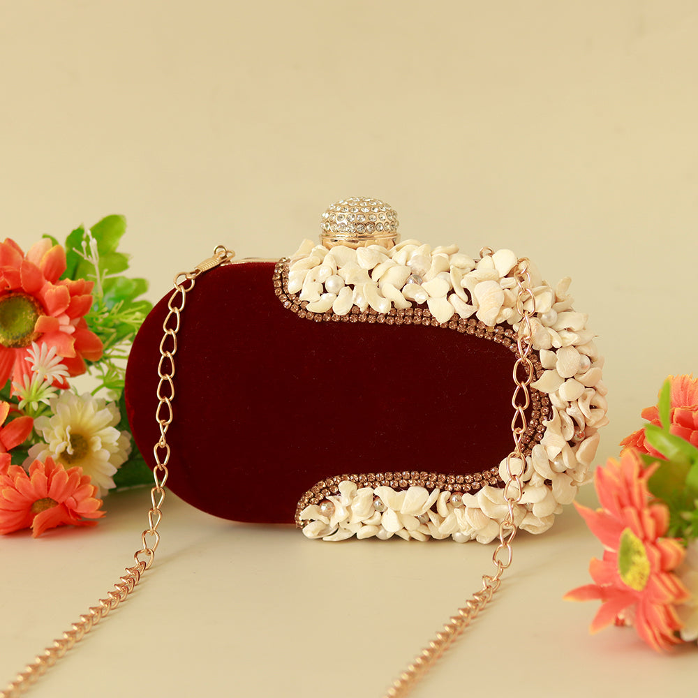 Dariya sea shell embroidered clutch bag by The Tan Clan, featuring intricate hand embroidery and a compact, elegant design.