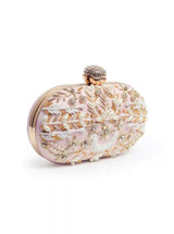 Baby pink Zardozi embroidered clutch by The Tan Clan featuring intricate hand embroidery and elegant design.