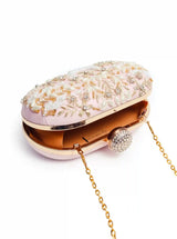Baby pink Zardozi embroidered clutch bag by The Tan Clan with intricate hand embroidery, perfect for elegant occasions.