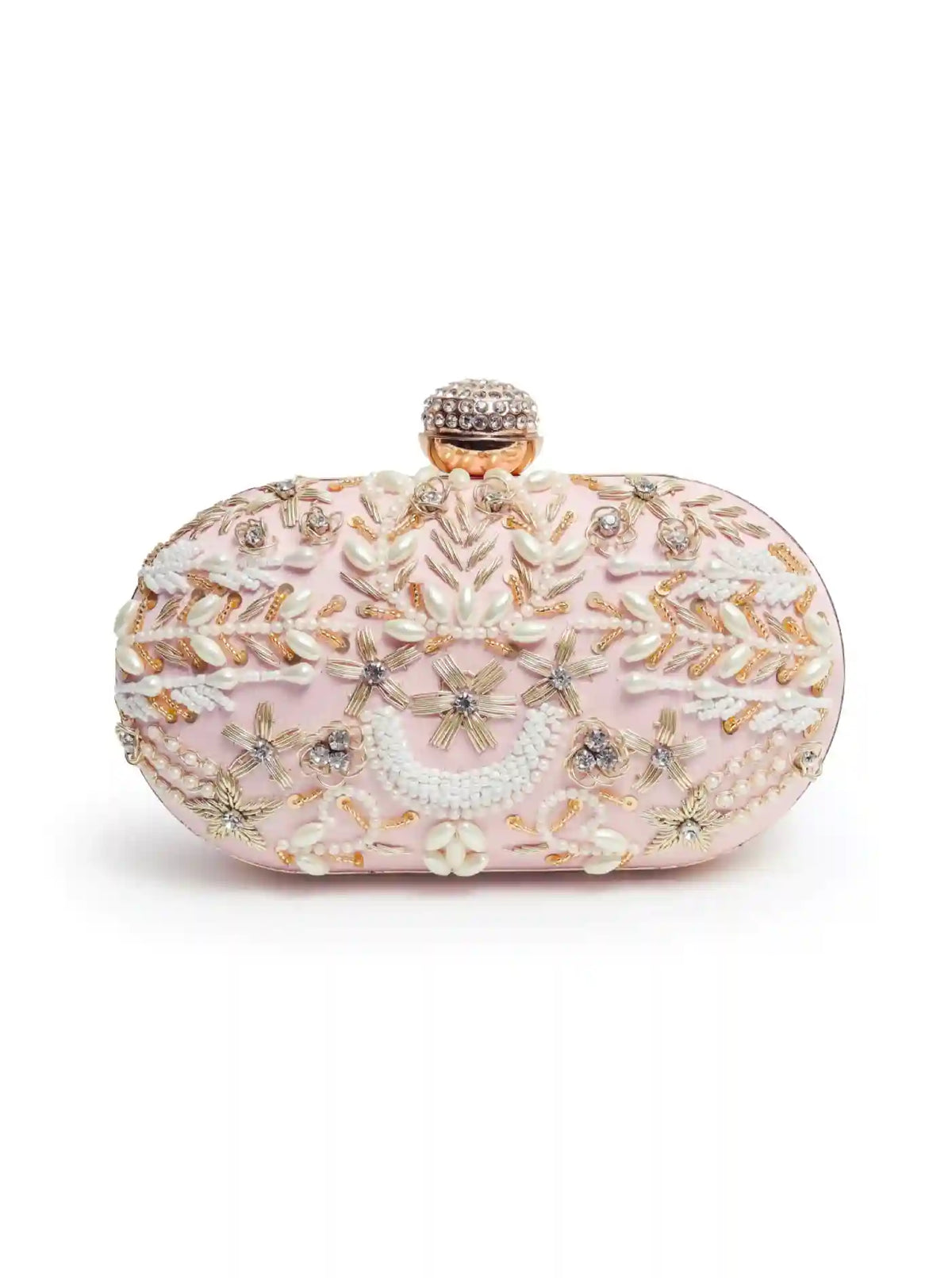 Baby pink Zardozi hand-embroidered clutch by The Tan Clan with intricate floral embroidery and elegant design.