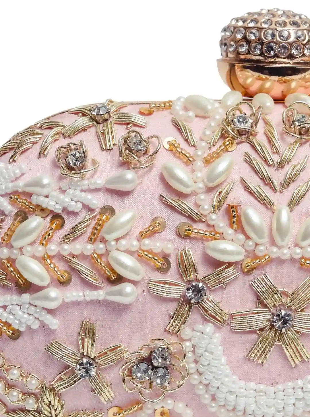 Baby pink Zardozi embroidered clutch bag with hand embroidery, featuring intricate design by The Tan Clan.