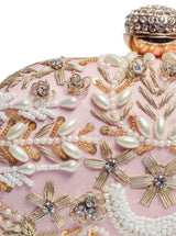 Baby pink Zardozi embroidered clutch bag with hand embroidery, featuring intricate design by The Tan Clan.