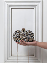 Black Zardozi embroidered clutch bag with intricate hand embroidery, stylish accessory by The Tan Clan.