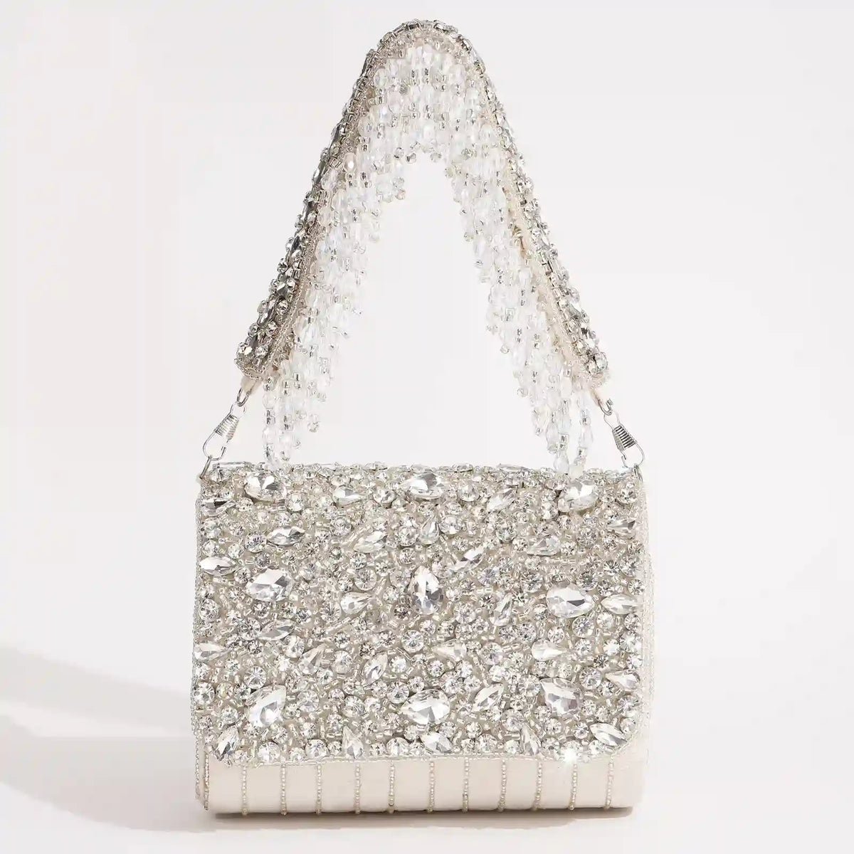 Grace Embellished Flap Over Bag by The Tan Clan in white with decorative embellishments and a flap closure.