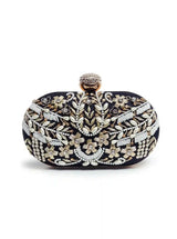 Elizah black Zardozi hand-embroidered clutch with detailed embroidery and a sleek design, featuring a white flap and elegant finish.