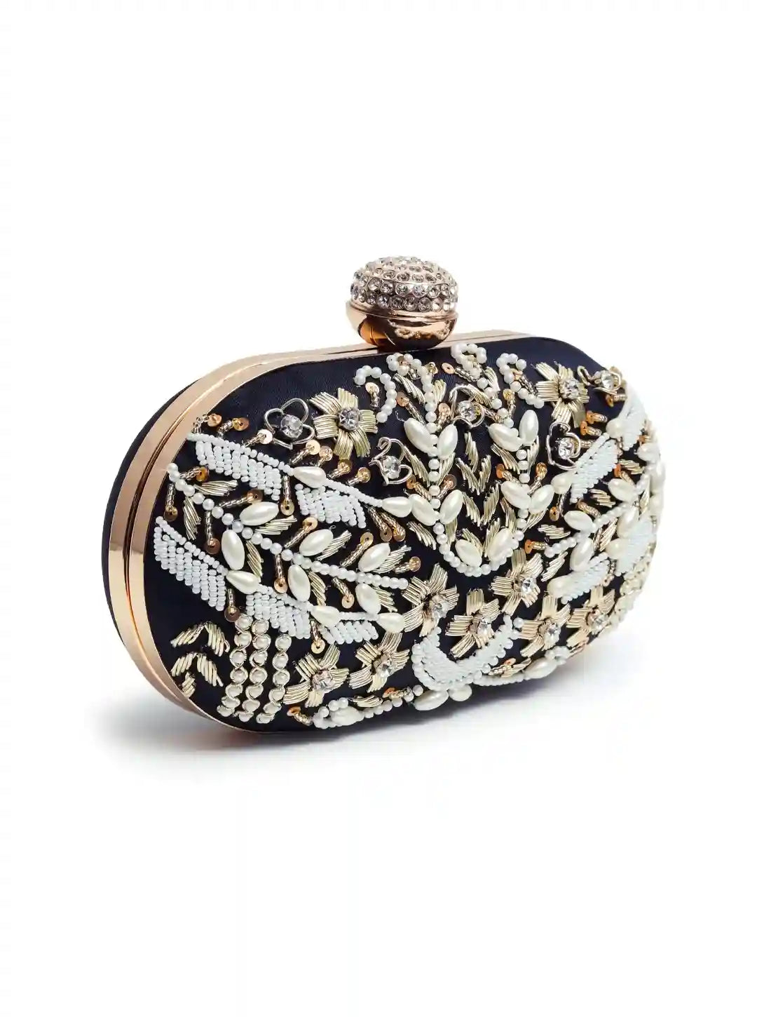 Black Zardozi embroidered clutch bag with intricate hand embroidery and a white flap, from The Tan Clan's Elizah collection.